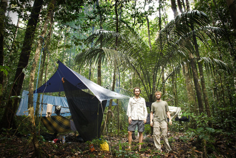 Camping under a tarp in the Amazonian rainforest