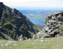 The view from Mickledore across Wast Water. Wast Water and the Irish Sea beyond, as seen from Mickledore.